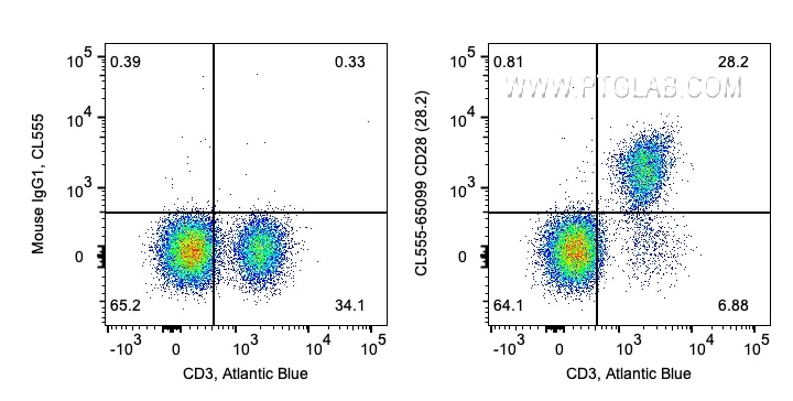 Flow cytometry (FC) experiment of human PBMCs using CoraLite® Plus 555 Anti-Human CD28 (CD28.2) (CL555-65099)