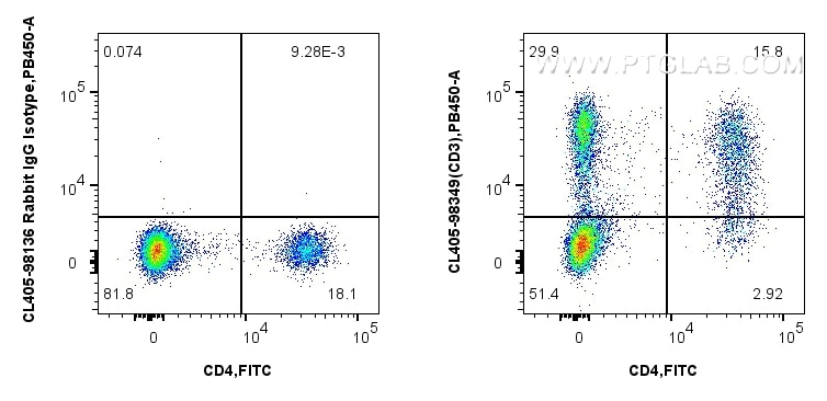 Flow cytometry (FC) experiment of rabbit splenocytes cells using CoraLite® Plus 405 Anti-Rabbit CD3 Mouse Recombina (CL405-98349)
