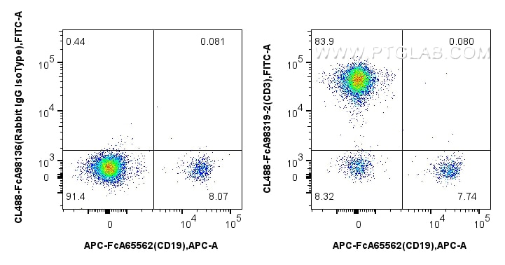 FC experiment of human PBMCs using CL488-FcA98319-2 Flow cytometry (FC) experiment of human PBMCs using FcZero-rAb® CoraLite® Plus 488 Anti-Human CD3 Rabb (CL488-FcA98319-2)