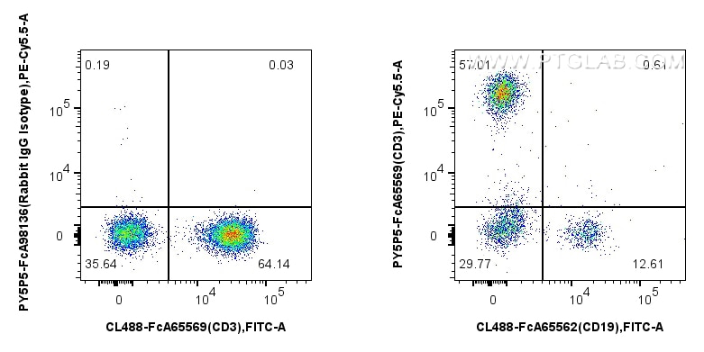 Flow cytometry (FC) experiment of human PBMCs using FcZero-rAb™ PE-Cyanine5.5 Anti-Human CD3 (OKT3) Ra (PY5P5-FcA65569)