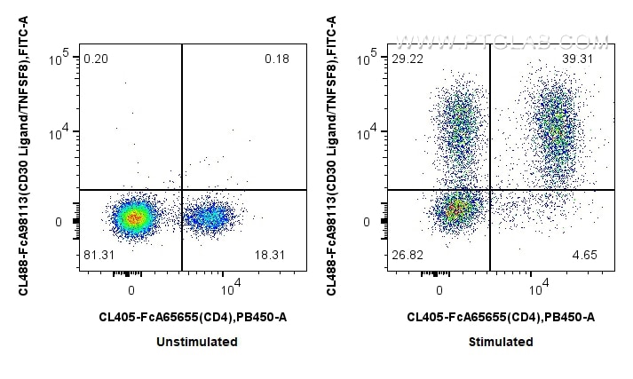 FC experiment of mouse splenocytes using CL488-FcA98113 Flow cytometry (FC) experiment of mouse splenocytes using FcZero-rAb® CoraLite® Plus 488 Anti-Mouse CD30 Lig (CL488-FcA98113)