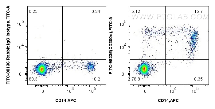 Flow cytometry (FC) experiment of human PBMCs using FITC Plus Anti-Human CD300e Rabbit Recombinant Ant (FITC-98235)
