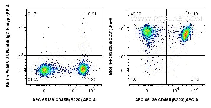 Flow cytometry (FC) experiment of mouse splenocytes using FcZero-rAb™ Biotin Anti-Mouse CD31 Rabbit Recombin (Biotin-FcA98258)