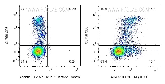Flow cytometry (FC) experiment of human PBMCs using Atlantic Blue™ Anti-Human CD314/NKG2D (1D11) (AB-65188)