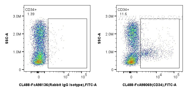 FC experiment of mouse bone marrow cells using CL488-FcA98069 Flow cytometry (FC) experiment of mouse bone marrow cells using FcZero-rAb® CoraLite® Plus 488 Anti-Mouse CD34 Rab (CL488-FcA98069)