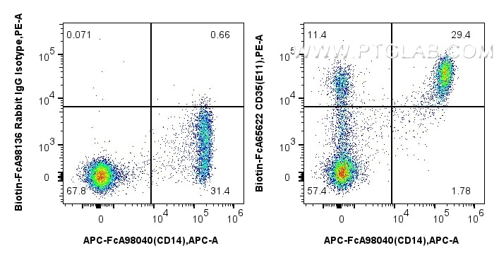 FC experiment of human PBMCs using Biotin-FcA65622 Flow cytometry (FC) experiment of human PBMCs using FcZero-rAb® Biotin Anti-Human CD35 (E11) Rabbit Re (Biotin-FcA65622)