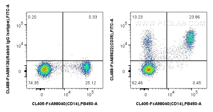 FC experiment of human PBMCs using CL488-FcA65622 Flow cytometry (FC) experiment of human PBMCs using FcZero-rAb® CoraLite® Plus 488 Anti-Human CD35 (E1 (CL488-FcA65622)