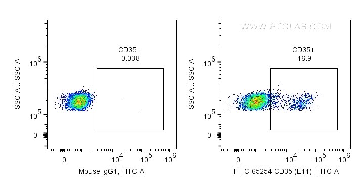 Flow cytometry (FC) experiment of human PBMCs using FITC Plus Anti-Human CD35 (E11) (FITC-65254)