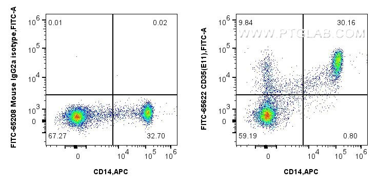 Flow cytometry (FC) experiment of human PBMCs using FITC Plus Anti-Human CD35 (E11) Mouse IgG2a Recomb (FITC-65622)