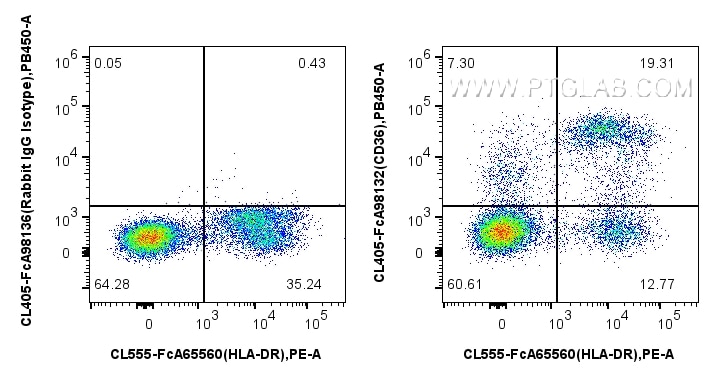 FC experiment of human PBMCs using CL405-FcA98132 Flow cytometry (FC) experiment of human PBMCs using FcZero-rAb® CoraLite® Plus 405 Anti-Human CD36 Rab (CL405-FcA98132)