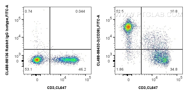 FC experiment of mouse splenocytes using CL488-98433-3 Flow cytometry (FC) experiment of mouse splenocytes using CoraLite® Plus 488 Anti-Mouse CD38 Rabbit Recombin (CL488-98433-3)