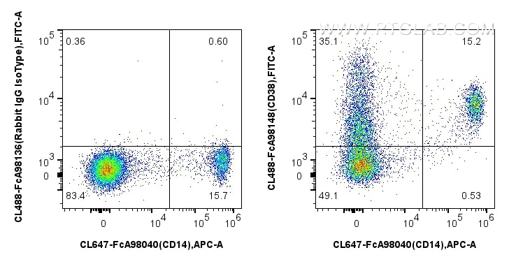 Flow cytometry (FC) experiment of human PBMCs using FcZero-rAb® CoraLite® Plus 488 Anti-Human CD38 Rab (CL488-FcA98148)