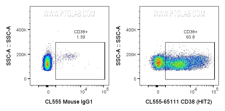 Flow cytometry (FC) experiment of human PBMCs using CoraLite® Plus 555 Anti-Human CD38 (HIT2) (CL555-65111)