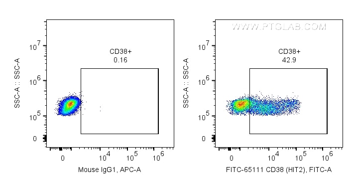 Flow cytometry (FC) experiment of human PBMCs using FITC Plus Anti-Human CD38 (HIT2) (FITC-65111)