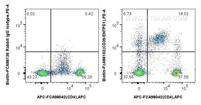 1x10^6 human PBMCs were surface stained with FcZero-rAb™ APC Anti-Human CD4 Rabbit Recombinant Antibody (APC-FcA98042, Clone: 240427E12), and 0.25 ug Biotin Anti-Human CD39/ENTPD1 Rabbit RecAb (Biotin-FcA98102, Clone: 241292G7) or FcZero-rAb™ Biotin Rabbit IgG Isotype Control Recombinant Antibody (Biotin-FcA98136, Clone: 240953C9), and Streptavidin-PE Conjugate (PE-PF00030). Cells were not fixed. Flow cytometry (FC) experiment of human PBMCs using FcZero-rAb™ Biotin Anti-Human CD39/ENTPD1 Rabbit R (Biotin-FcA98102)