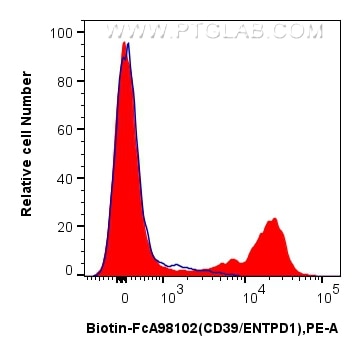 1x10^6 human PBMCs were surface stained with 0.25 ug Biotin Anti-Human CD39/ENTPD1 Rabbit RecAb (Biotin-FcA98102, Clone: 241292G7) (red) or FcZero-rAb™ Biotin Rabbit IgG Isotype Control Recombinant Antibody (Biotin-FcA98136, Clone: 240953C9) (blue), and Streptavidin-PE Conjugate (PE-PF00030). Cells were not fixed. Flow cytometry (FC) experiment of human PBMCs using FcZero-rAb™ Biotin Anti-Human CD39/ENTPD1 Rabbit R (Biotin-FcA98102)