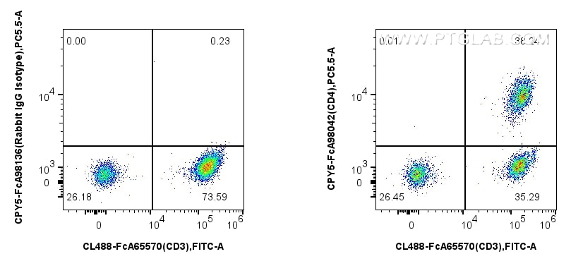 1x10^6 human PBMCs were surface stained with FcZero-rAb™ CoraLite® Plus 488 Anti-Human CD3, and 5 ul PerCP-Cyanine5.5 Anti-Human CD4 Rabbit RecAb (CPY5-FcA98042, Clone: 240427E12) or FcZero-rAb™ PerCP-Cyanine5.5 Rabbit IgG Isotype Control Recombinant Antibody (CPY5-FcA98136, Clone: 240953C9). Cells were incubated with MonoZero™ Monocytes blocking Reagent(PF00020) prior to staining. Cells were not fixed. Lymphocytes were gated. Flow cytometry (FC) experiment of human PBMCs using FcZero-rAb™ PerCP-Cyanine5.5 Anti-Human CD4 Rabbit (CPY5-FcA98042)