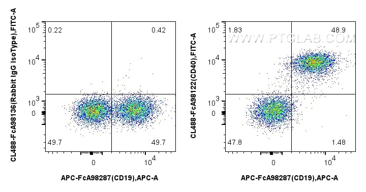 Flow cytometry (FC) experiment of mouse splenocytes using FcZero-rAb® CoraLite® Plus 488 Anti-Mouse CD40 Rab (CL488-FcA98122)