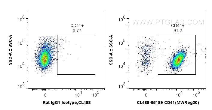 Flow cytometry (FC) experiment of Balb/c mouse peripheral blood platelets using CoraLite® Plus 488 Anti-Mouse CD41 (MWReg30) (CL488-65189)