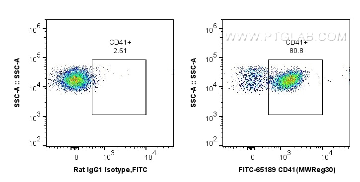 Flow cytometry (FC) experiment of c57 mouse peripheral blood platelets using FITC Plus Anti-Mouse CD41 (MWReg30) (FITC-65189)