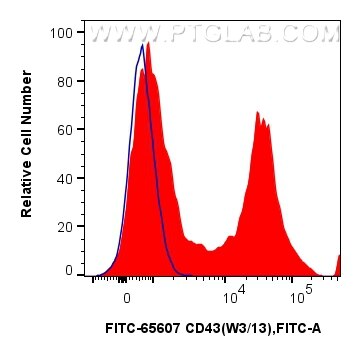 1x10^6 rat splenocytes were surface stained with 0.25 ug FITC Plus Anti-Rat CD43 (W3/13) Mouse IgG2a RecAb (FITC-65607, Clone: W3/13) (red) or FITC Plus Mouse IgG2a Isotype Control (C1.18.4) (FITC-65208, Clone: C1.18.4) (blue). Cells were not fixed. Flow cytometry (FC) experiment of rat splenocytes cells using FITC Plus Anti-Rat CD43 (W3/13) Mouse IgG2a Recomb (FITC-65607)