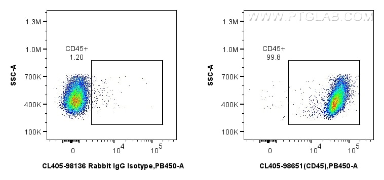 FC experiment of rat splenocytes using CL405-98651 Flow cytometry (FC) experiment of rat splenocytes cells using CoraLite® Plus 405 Anti-Rat CD45 Rabbit Recombinan (CL405-98651)