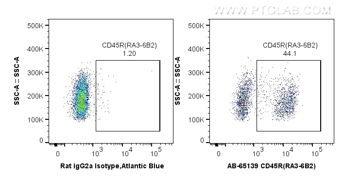 Flow cytometry (FC) experiment of mouse splenocytes using Atlantic Blue™ Anti-Mouse CD45R (B220) (RA3-6B2) (AB-65139)