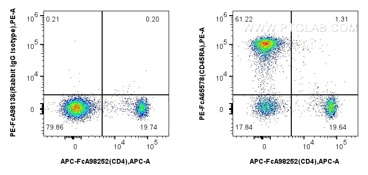 Flow cytometry (FC) experiment of rat splenocytes cells using FcZero-rAb™ PE Anti-Rat CD45RA (OX-33) Rabbit IgG  (PE-FcA65578)