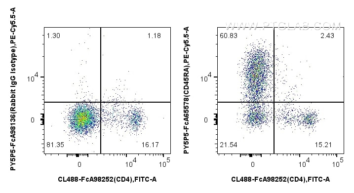 Flow cytometry (FC) experiment of rat splenocytes cells using FcZero-rAb® PE-Cyanine5.5 Anti-Rat CD45RA (OX-33)  (PY5P5-FcA65578)