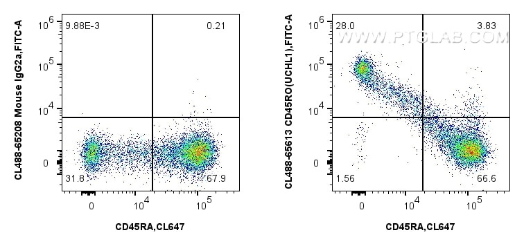 Flow cytometry (FC) experiment of human PBMCs using CoraLite® Plus 488 Anti-Human CD45RO (UCHL1) Mouse (CL488-65613)