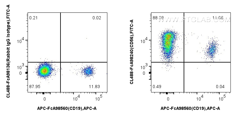 FC experiment of human PBMCs using CL488-FcA98240 Flow cytometry (FC) experiment of human PBMCs using FcZero-rAb® CoraLite® Plus 488 Anti-Human CD46 Rab (CL488-FcA98240)
