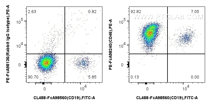 FC experiment of human PBMCs using PE-FcA98240 Flow cytometry (FC) experiment of human PBMCs using FcZero-rAb® PE Anti-Human CD46 Rabbit Recombinant (PE-FcA98240)