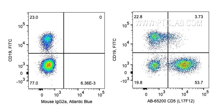 Flow cytometry (FC) experiment of human PBMCs using Atlantic Blue™ Anti-Human CD5 (L17F12) (AB-65200)