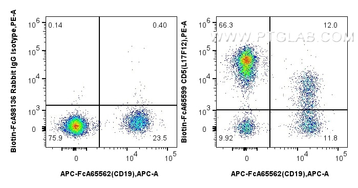 FC experiment of human PBMCs using Biotin-FcA65599 Flow cytometry (FC) experiment of human PBMCs using FcZero-rAb® Biotin Anti-Human CD5 (L17F12) Rabbit (Biotin-FcA65599)