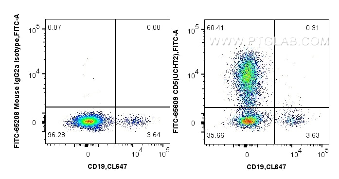Flow cytometry (FC) experiment of human PBMCs using FITC Plus Anti-Human CD5 (UCHT2) Mouse IgG2a Recom (FITC-65609)