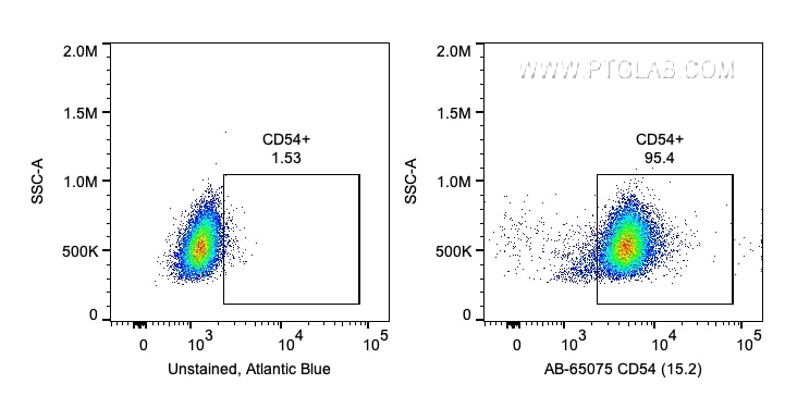 Flow cytometry (FC) experiment of human PBMCs using Atlantic Blue™ Anti-Human CD54 (ICAM-1) (15.2) (AB-65075)