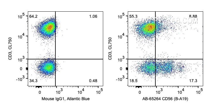 Flow cytometry (FC) experiment of human PBMCs using Atlantic Blue™ Anti-Human CD56 (B-A19) (AB-65264)