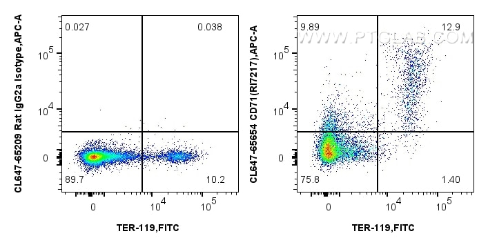 FC experiment of mouse bone marrow cells using CL647-65654 Flow cytometry (FC) experiment of mouse bone marrow cells using CoraLite® Plus 647 Anti-Mouse CD71 (RI7217) Rat Re (CL647-65654)
