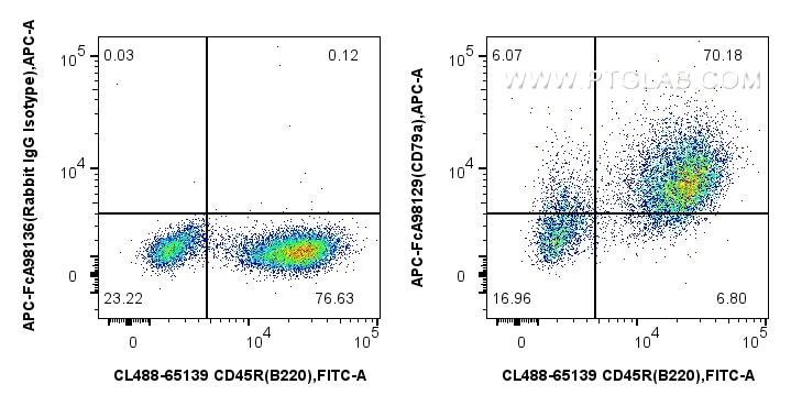 Flow cytometry (FC) experiment of mouse splenocytes using FcZero-rAb™ APC Anti-Mouse CD79a Rabbit Recombinan (APC-FcA98129)