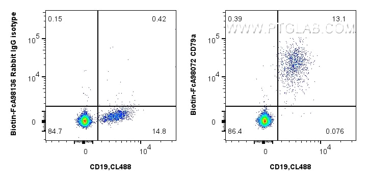 FC experiment of human PBMCs using Biotin-FcA98072 Flow cytometry (FC) experiment of human PBMCs using FcZero-rAb® Biotin Anti-Human CD79a Rabbit Recombi (Biotin-FcA98072)