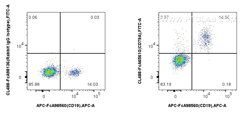 FC experiment of human PBMCs using CL488-FcA65610 Flow cytometry (FC) experiment of human PBMCs using FcZero-rAb® CoraLite® Plus 488 Anti-Human CD79a (H (CL488-FcA65610)