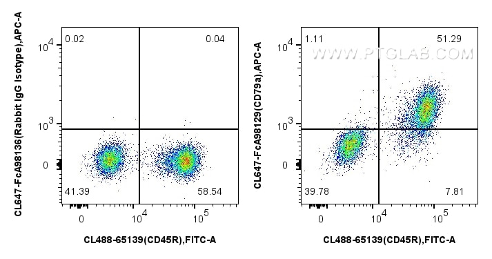 Flow cytometry (FC) experiment of mouse splenocytes using FcZero-rAb® CoraLite® Plus 647 Anti-Mouse CD79a Ra (CL647-FcA98129)
