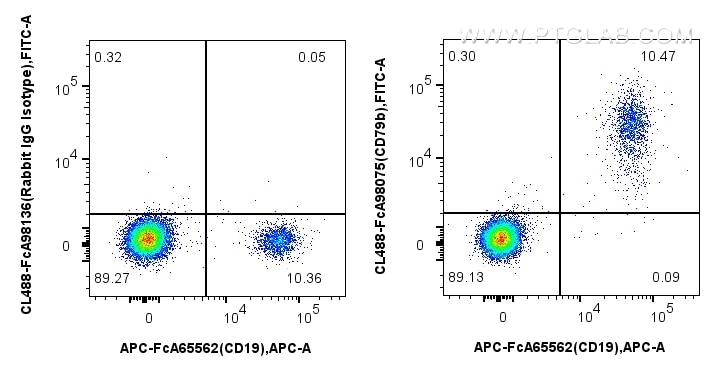 Flow cytometry (FC) experiment of human PBMCs using FcZero-rAb® CoraLite® Plus 488 Anti-Human CD79b Ra (CL488-FcA98075)