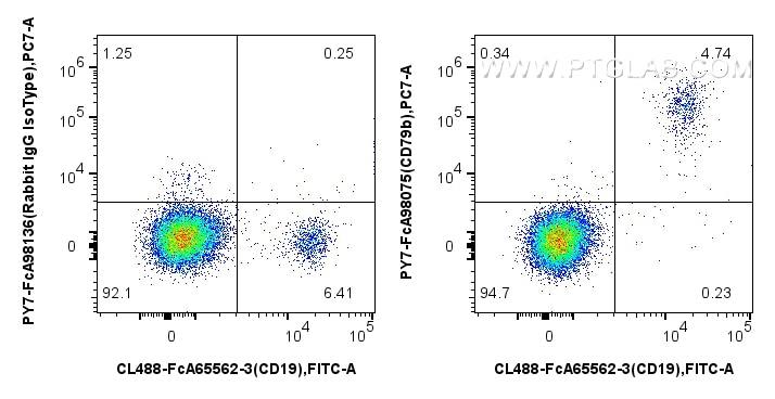 Flow cytometry (FC) experiment of human PBMCs using FcZero-rAb® PE-Cyanine7 Anti-Human CD79b Rabbit Re (PY7-FcA98075)