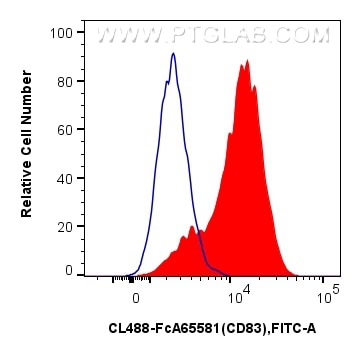 FC experiment of human monocyte-derived mature dendritic cells using CL488-FcA65581 Flow cytometry (FC) experiment of human monocyte-derived mature dendritic cells using FcZero-rAb® CoraLite® Plus 488 Anti-Human CD83 (HB (CL488-FcA65581)