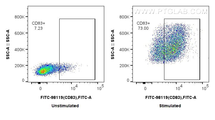 Flow cytometry (FC) experiment of mouse splenocytes using FITC Plus Anti-Mouse CD83 Rabbit Recombinant Antib (FITC-98119)