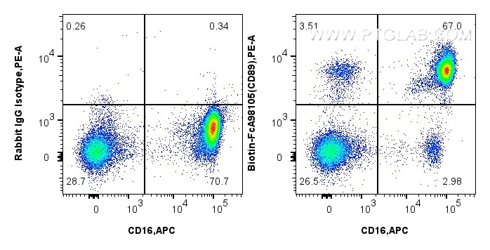 FC experiment of human peripheral blood leukocytes using Biotin-FcA98105 Flow cytometry (FC) experiment of human peripheral blood leukocytes using FcZero-rAb® Biotin Anti-Human CD89 Rabbit Recombin (Biotin-FcA98105)