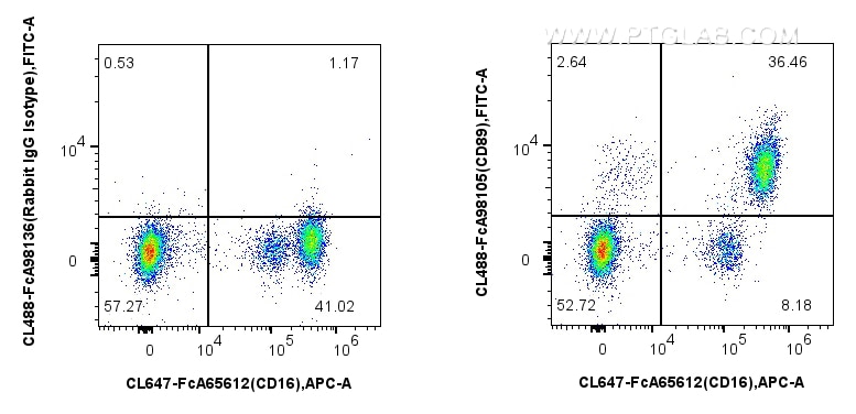 Flow cytometry (FC) experiment of human peripheral blood leukocytes using FcZero-rAb® CoraLite® Plus 488 Anti-Human CD89 Rab (CL488-FcA98105)