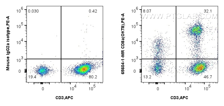 1x10^6 human PBMCs were surface stained with 0.25 ug Anti-Human CD8a (OKT8) Mouse IgG2a Recombinant Antibody (65604-1-MR, Clone: OKT8) or Mouse IgG2a Isotype Control (C1.18.4) (65208-1-Ig, Clone: C1.18.4), and PE-conjugated Goat Anti-Mouse IgG. Cells were then stained with APC Anti-Human CD3 (OKT3) Mouse IgG2a Recombinant Antibody (APC-65569, Clone: OKT3). Cells were not fixed. Lymphocytes were gated. Flow cytometry (FC) experiment of human PBMCs using Anti-Human CD8a (OKT8) Mouse IgG2a Recombinant Ant (65604-1-MR)