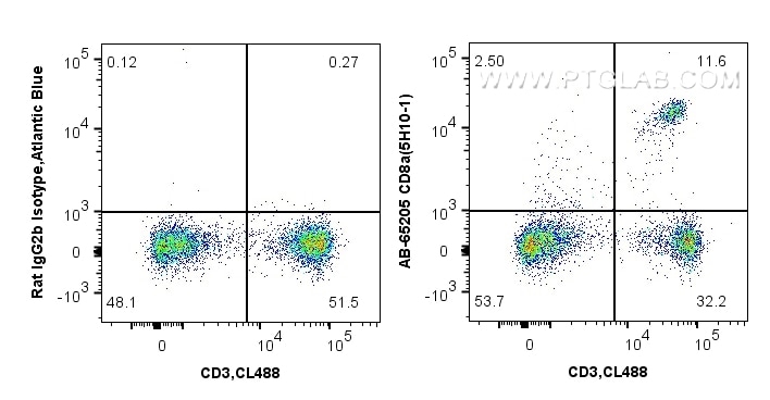 Flow cytometry (FC) experiment of mouse splenocytes using Atlantic Blue™ Anti-Mouse CD8a (5H10-1) (AB-65205)
